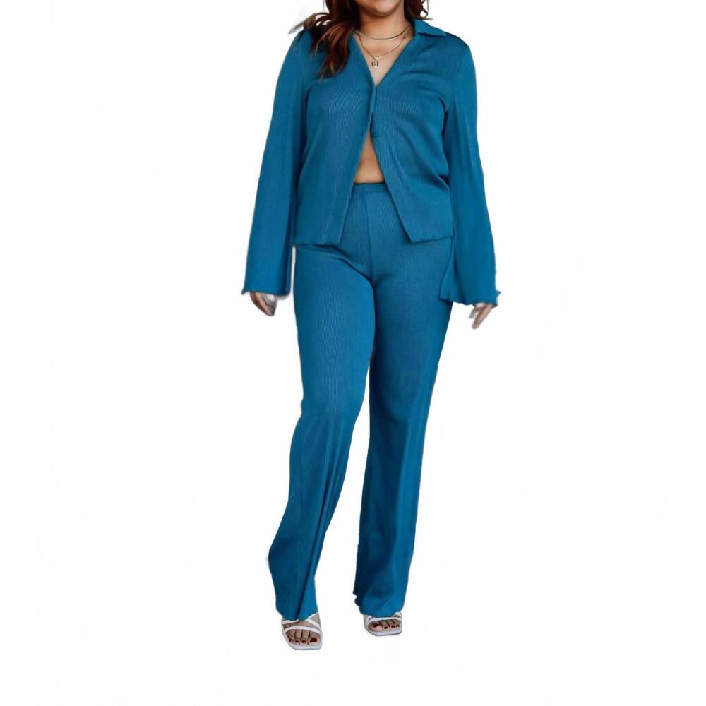 NEW FASCINATION promise me collared top and pants set in teal